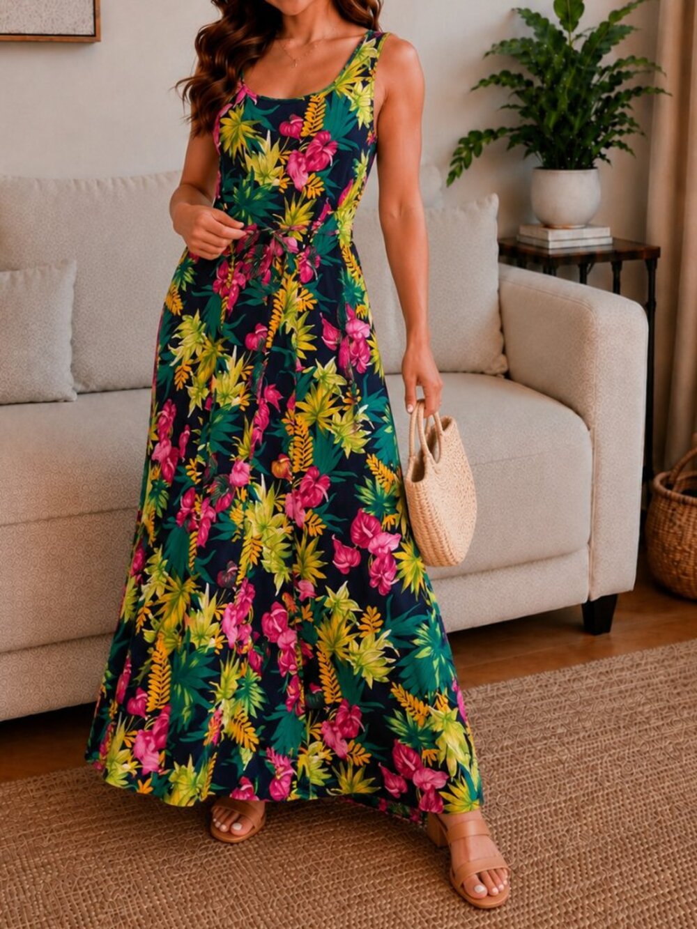 Teddi Vintage 90s Tropical Floral Rayon Maxi Dress Hawaiian Resort Womens M Boho